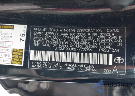 2008 Toyota Prius from USA, damaged, VIN JTDKB20UX87772056